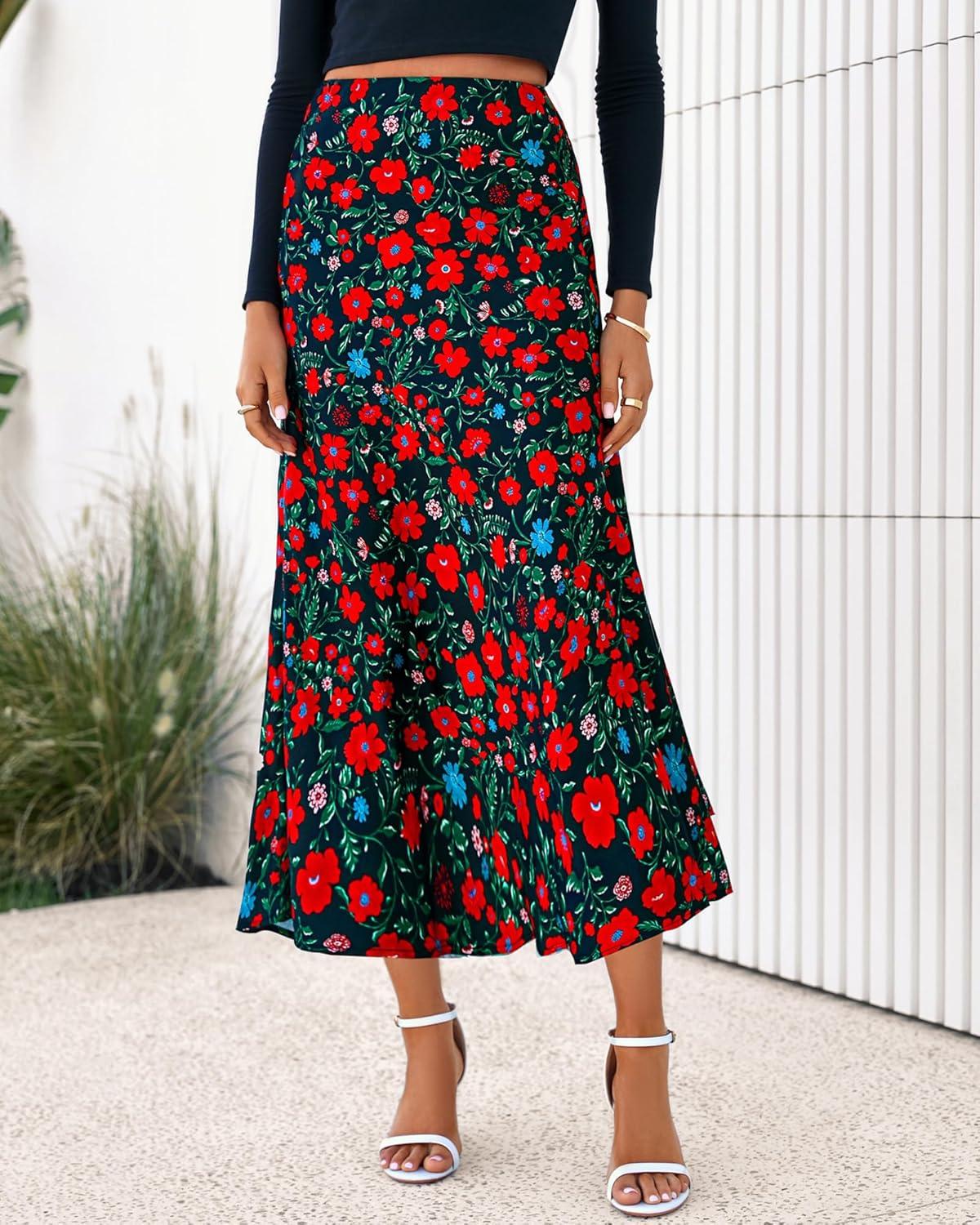 imageBTFBM Satin Skirts for Women 2025 Fall High Waisted ALine Leopard Print Cocktail Wedding Long Silk Summer Midi SkirtFloral Black Red