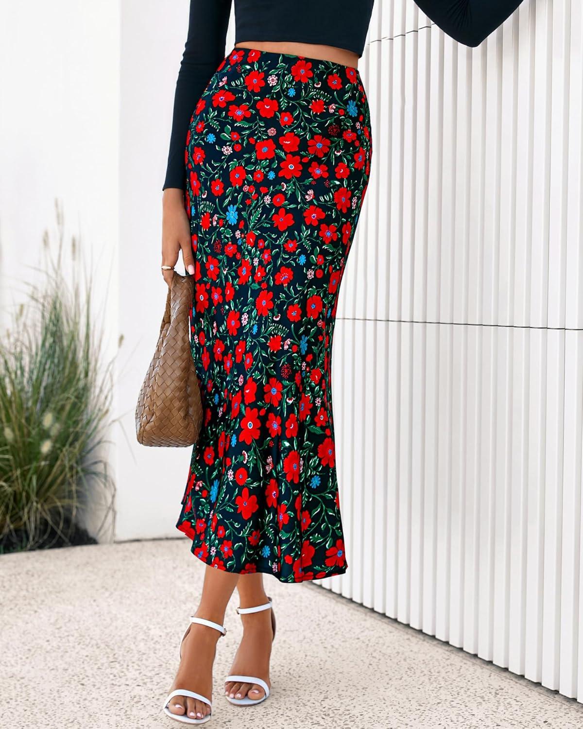 imageBTFBM Satin Skirts for Women 2025 Fall High Waisted ALine Leopard Print Cocktail Wedding Long Silk Summer Midi SkirtFloral Black Red