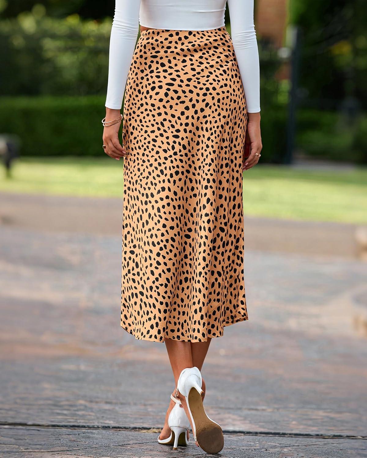 imageBTFBM Satin Skirts for Women 2025 Fall High Waisted ALine Leopard Print Cocktail Wedding Long Silk Summer Midi SkirtKhaki Black