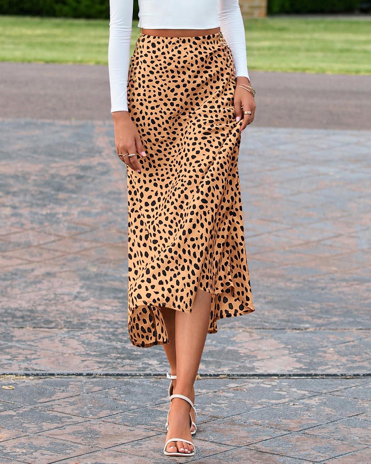 imageBTFBM Satin Skirts for Women 2025 Fall High Waisted ALine Leopard Print Cocktail Wedding Long Silk Summer Midi SkirtKhaki Black