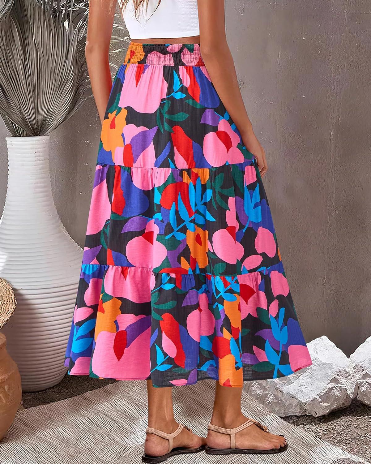 imageBTFBM Skirts for Women Floral Print Fall Fashion 2025 A Line Elastic High Waist Boho Holiday Maxi Skirt PocketsFloral Black