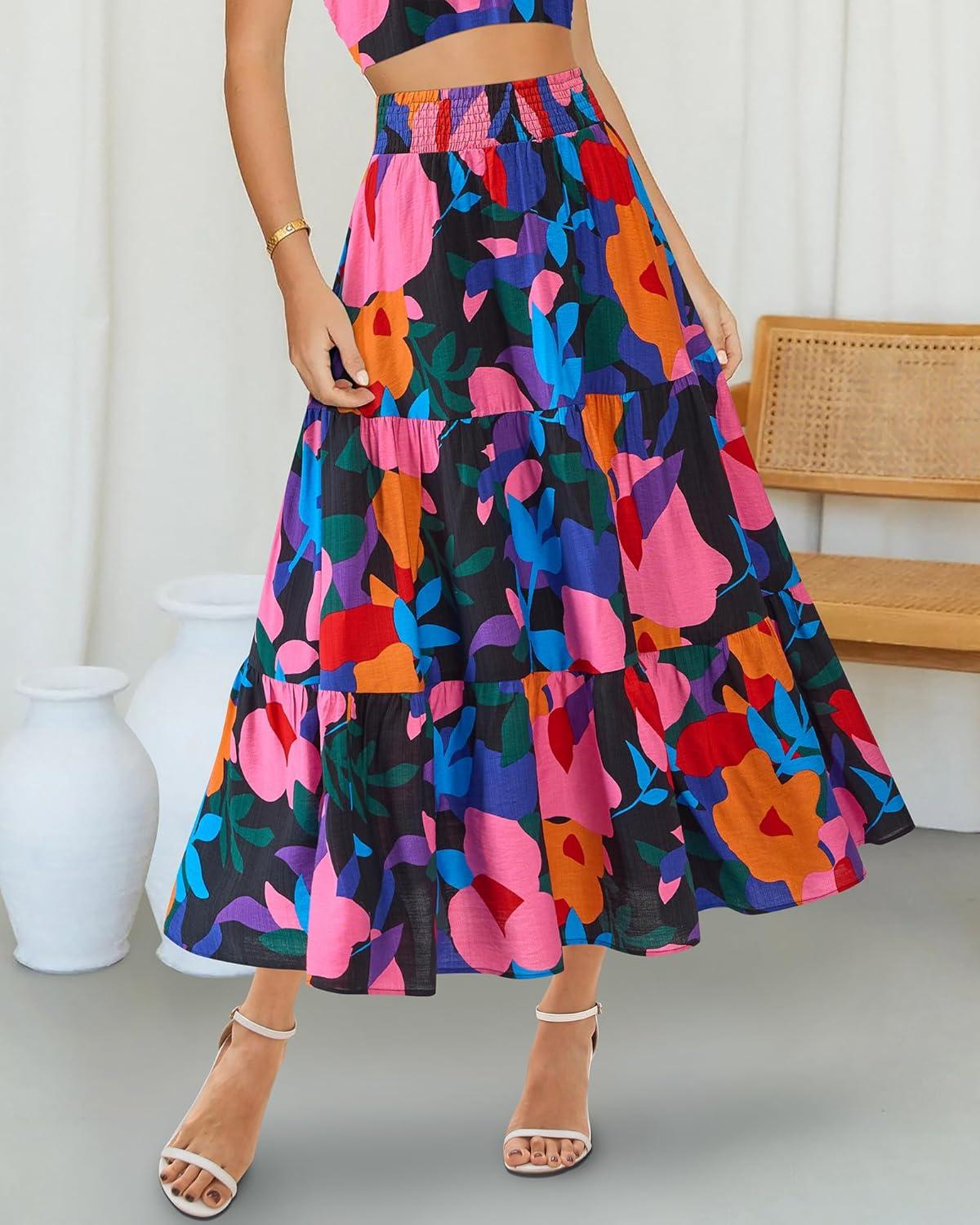 imageBTFBM Skirts for Women Floral Print Fall Fashion 2025 A Line Elastic High Waist Boho Holiday Maxi Skirt PocketsFloral Black