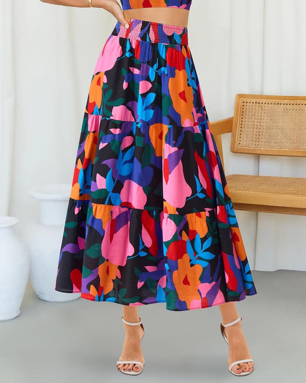 imageBTFBM Skirts for Women Floral Print Fall Fashion 2025 A Line Elastic High Waist Boho Holiday Maxi Skirt PocketsFloral Black