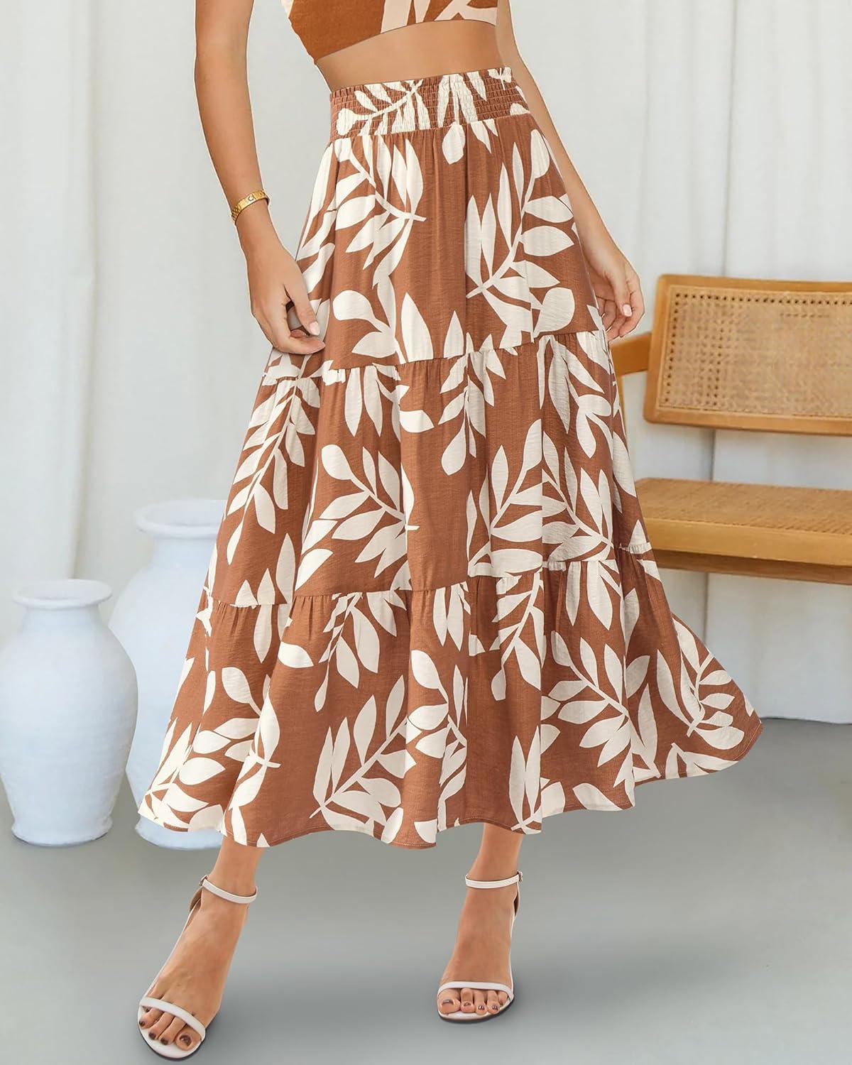imageBTFBM Skirts for Women Floral Print Fall Fashion 2025 A Line Elastic High Waist Boho Holiday Maxi Skirt PocketsFloral Khaki