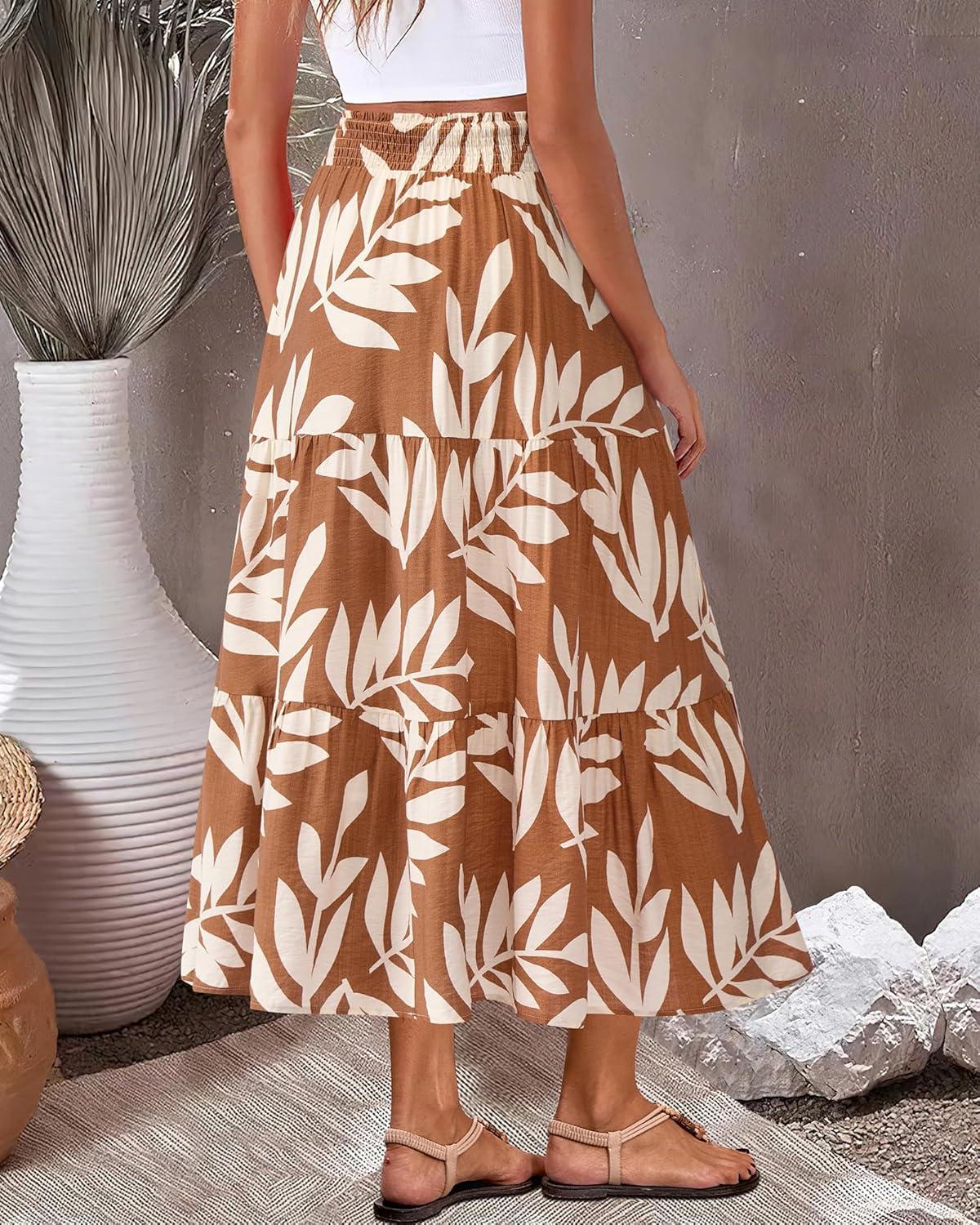 imageBTFBM Skirts for Women Floral Print Fall Fashion 2025 A Line Elastic High Waist Boho Holiday Maxi Skirt PocketsFloral Khaki