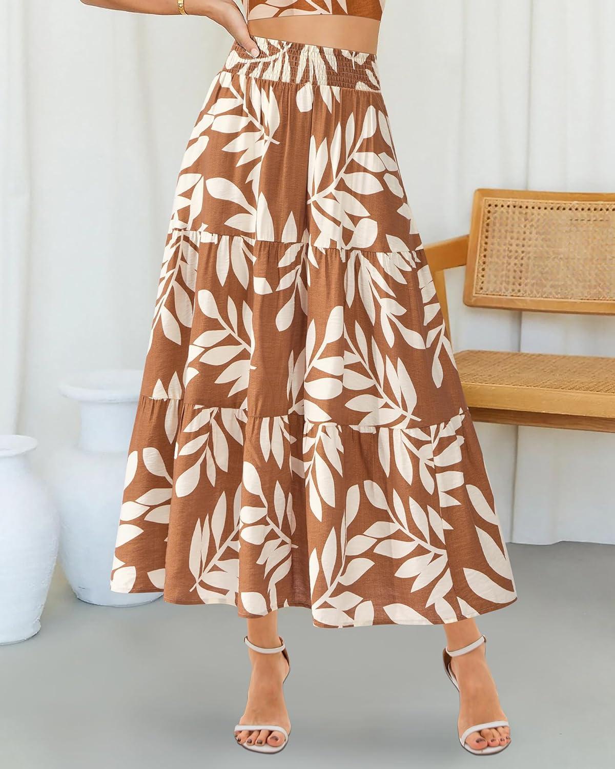 imageBTFBM Skirts for Women Floral Print Fall Fashion 2025 A Line Elastic High Waist Boho Holiday Maxi Skirt PocketsFloral Khaki