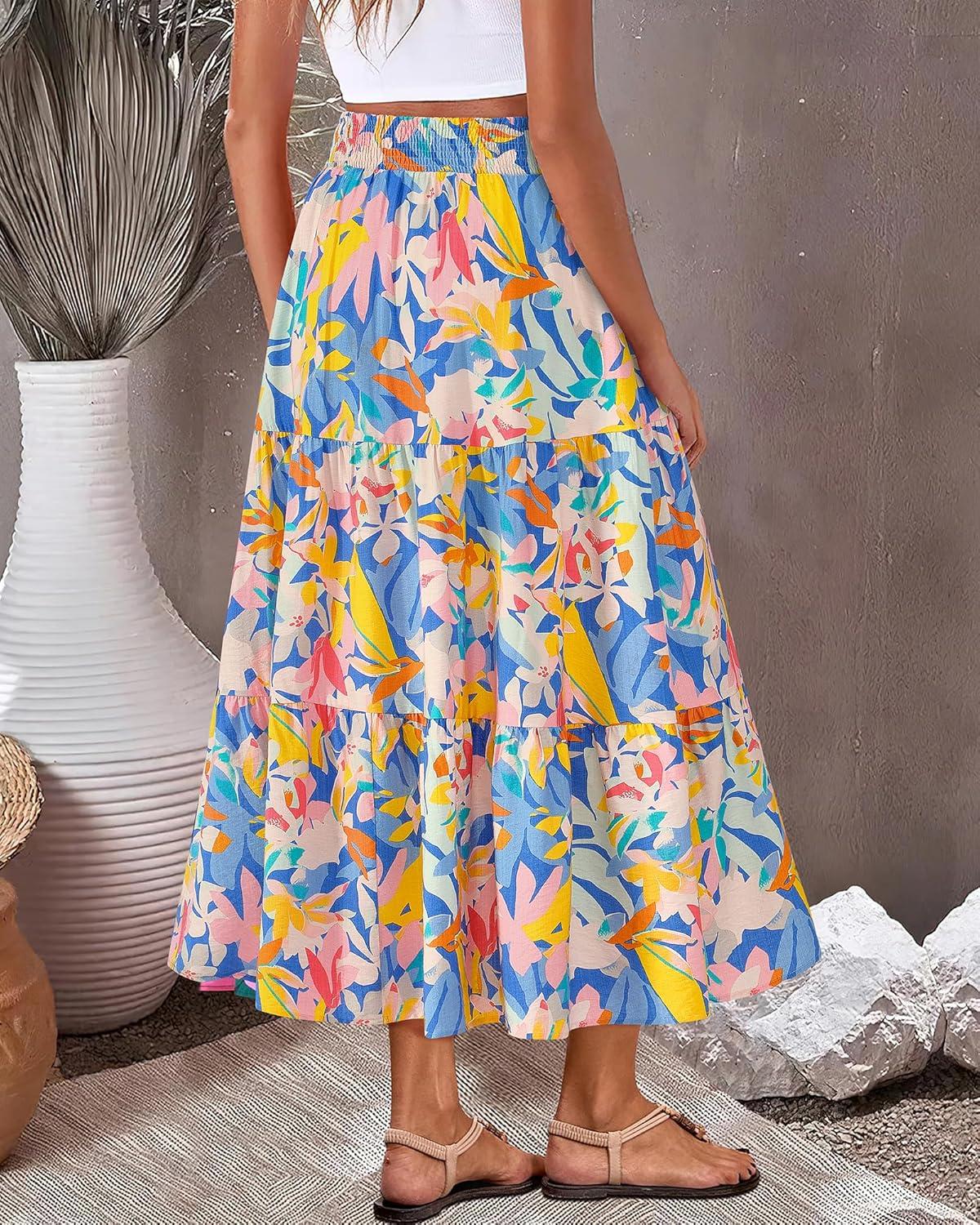 imageBTFBM Skirts for Women Floral Print Fall Fashion 2025 A Line Elastic High Waist Boho Holiday Maxi Skirt PocketsFloral Multicolour