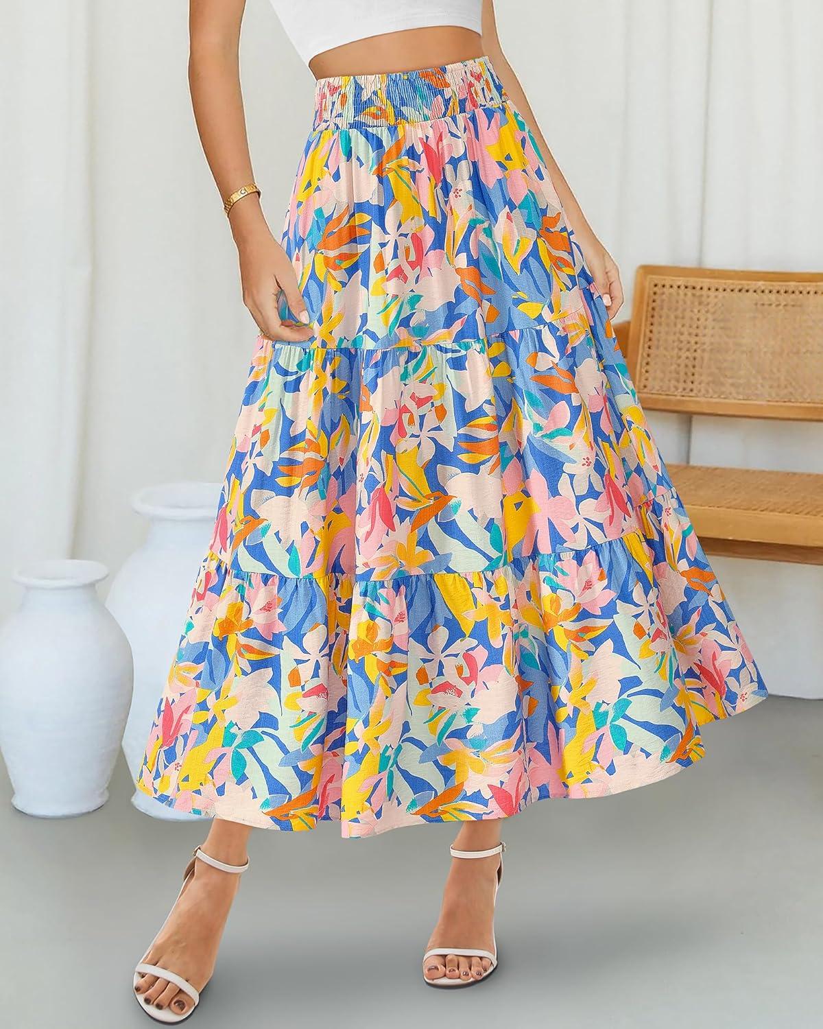 imageBTFBM Skirts for Women Floral Print Fall Fashion 2025 A Line Elastic High Waist Boho Holiday Maxi Skirt PocketsFloral Multicolour