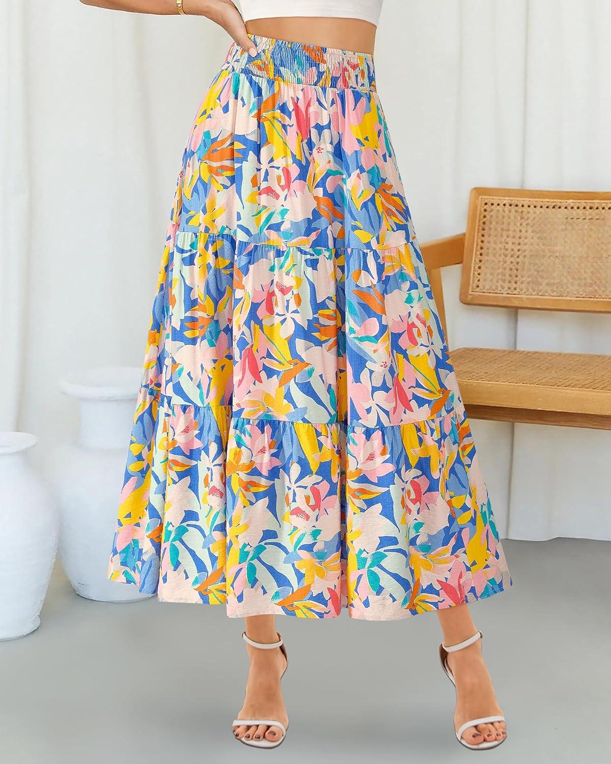 imageBTFBM Skirts for Women Floral Print Fall Fashion 2025 A Line Elastic High Waist Boho Holiday Maxi Skirt PocketsFloral Multicolour