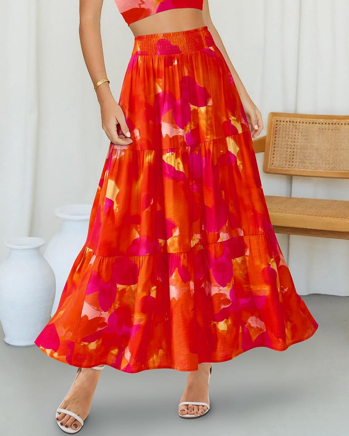 imageBTFBM Skirts for Women Floral Print Fall Fashion 2025 A Line Elastic High Waist Boho Holiday Maxi Skirt PocketsFloral Red