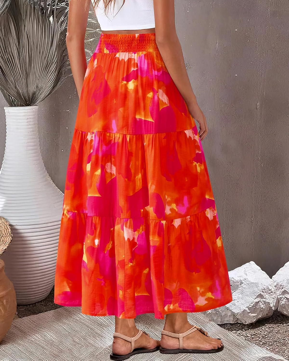 imageBTFBM Skirts for Women Floral Print Fall Fashion 2025 A Line Elastic High Waist Boho Holiday Maxi Skirt PocketsFloral Red