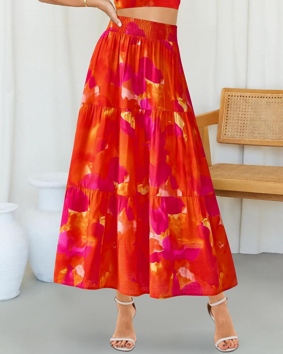 imageBTFBM Skirts for Women Floral Print Fall Fashion 2025 A Line Elastic High Waist Boho Holiday Maxi Skirt PocketsFloral Red