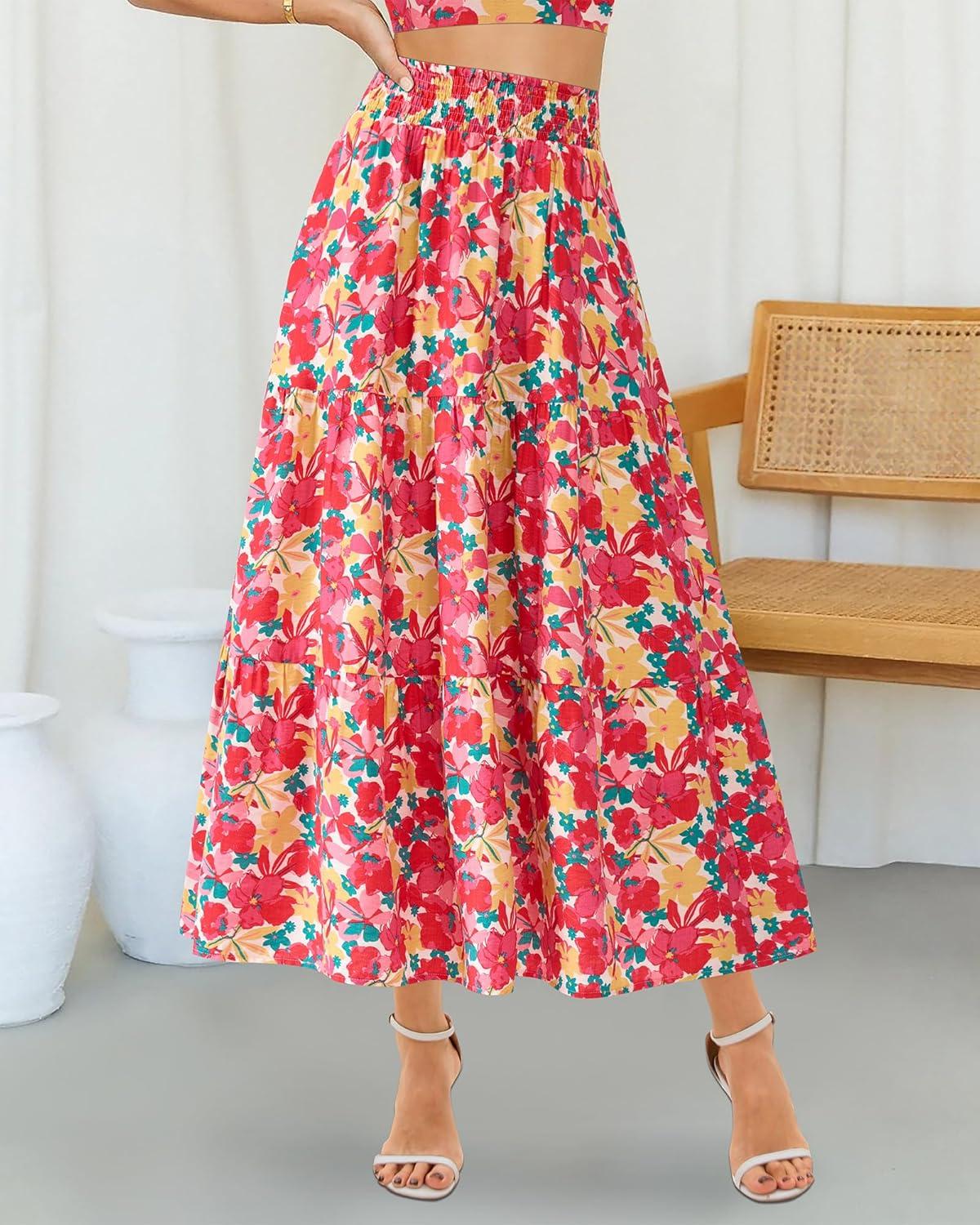 imageBTFBM Skirts for Women Floral Print Fall Fashion 2025 A Line Elastic High Waist Boho Holiday Maxi Skirt PocketsFloral Red Yellow