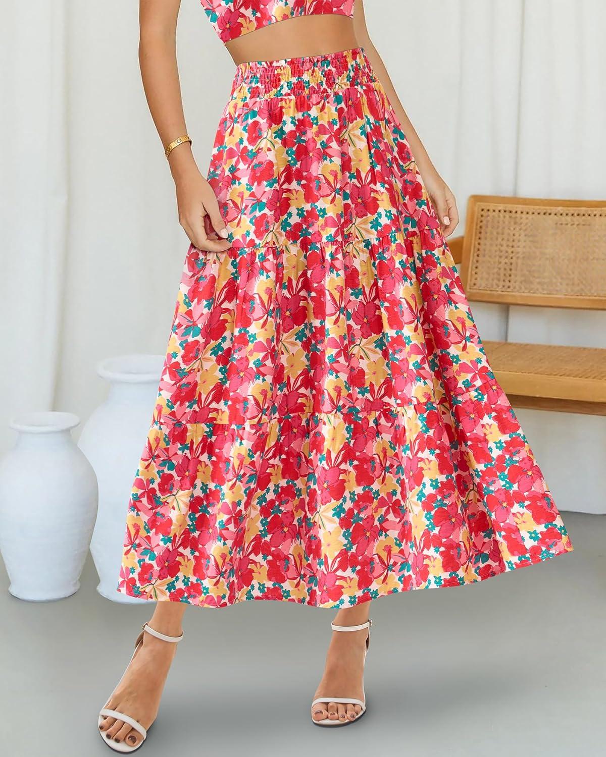 imageBTFBM Skirts for Women Floral Print Fall Fashion 2025 A Line Elastic High Waist Boho Holiday Maxi Skirt PocketsFloral Red Yellow