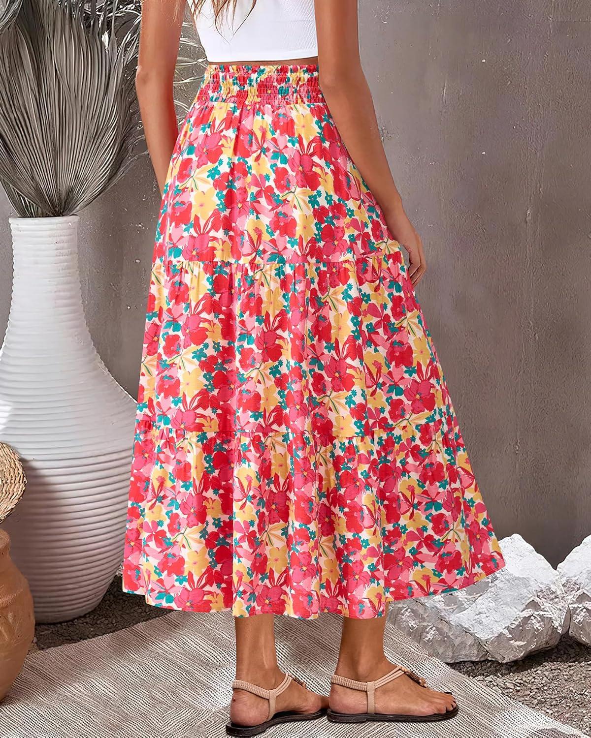 imageBTFBM Skirts for Women Floral Print Fall Fashion 2025 A Line Elastic High Waist Boho Holiday Maxi Skirt PocketsFloral Red Yellow