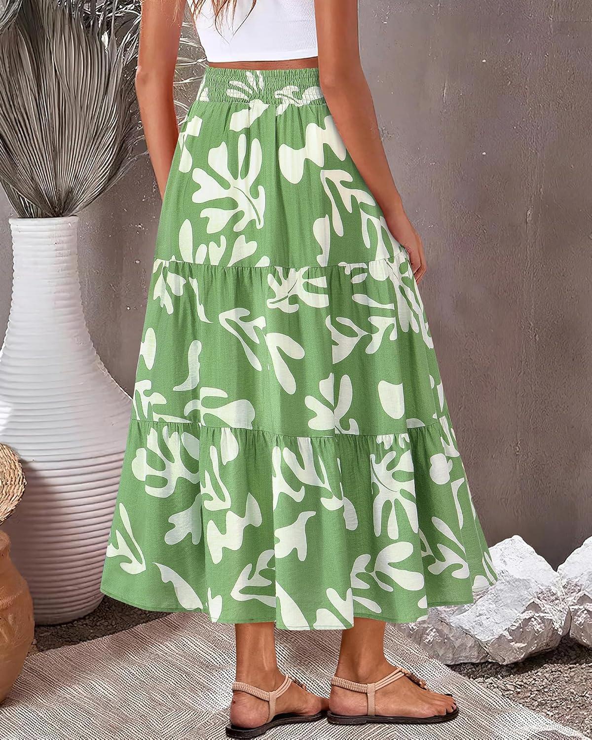 imageBTFBM Skirts for Women Floral Print Fall Fashion 2025 A Line Elastic High Waist Boho Holiday Maxi Skirt PocketsLeaf Green