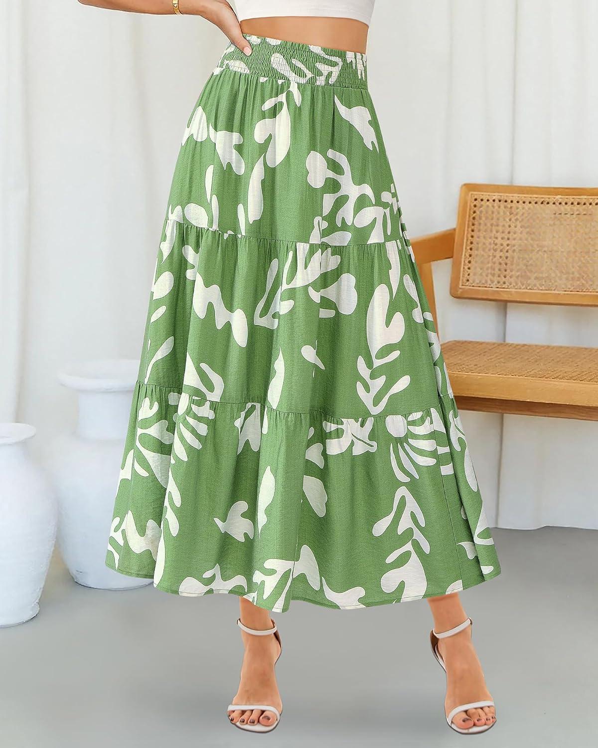 imageBTFBM Skirts for Women Floral Print Fall Fashion 2025 A Line Elastic High Waist Boho Holiday Maxi Skirt PocketsLeaf Green