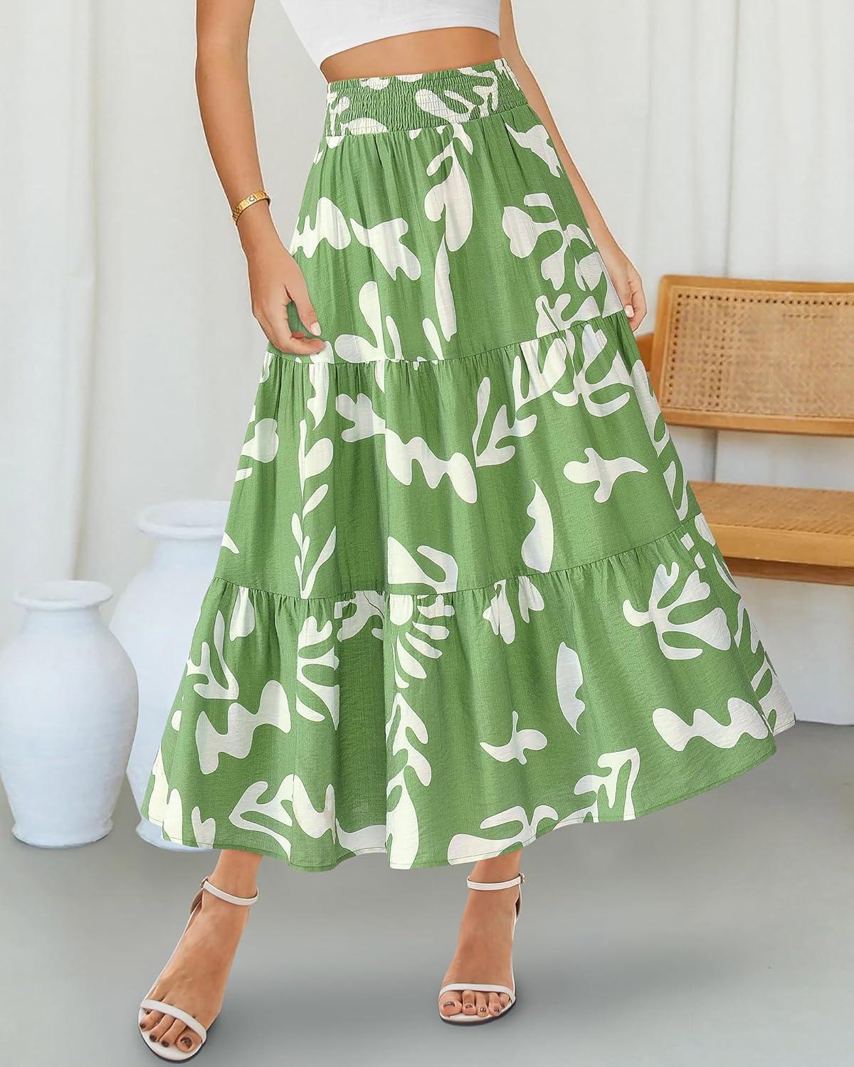 imageBTFBM Skirts for Women Floral Print Fall Fashion 2025 A Line Elastic High Waist Boho Holiday Maxi Skirt PocketsLeaf Green