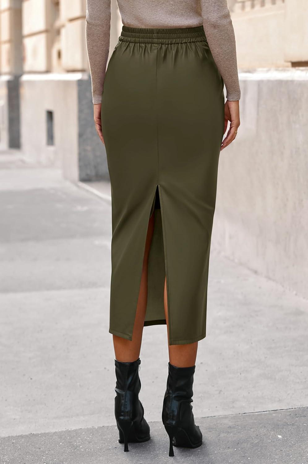 imageBTFBM Skirts for Women Trendy Fall 2025 Elastic Waist Ruched Bodycon Slit Pencil Midi Leather Skirt Bussiness CasualArmy Green