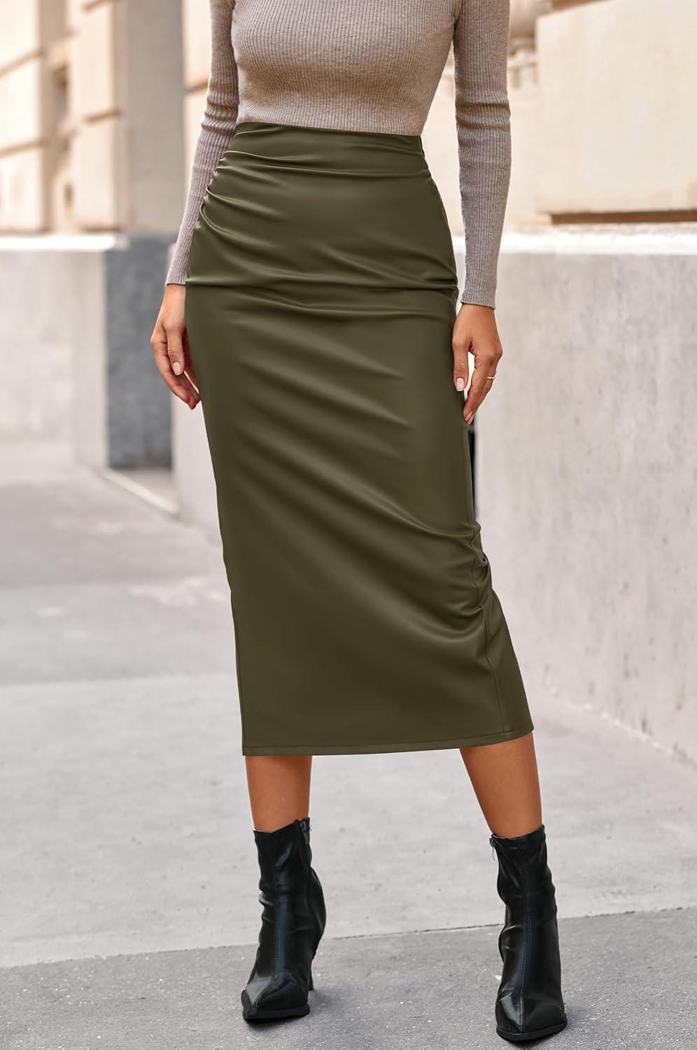 imageBTFBM Skirts for Women Trendy Fall 2025 Elastic Waist Ruched Bodycon Slit Pencil Midi Leather Skirt Bussiness CasualArmy Green