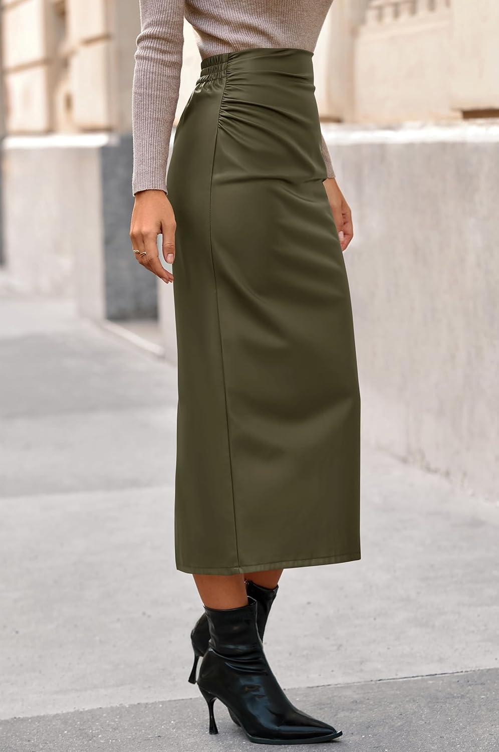 imageBTFBM Skirts for Women Trendy Fall 2025 Elastic Waist Ruched Bodycon Slit Pencil Midi Leather Skirt Bussiness CasualArmy Green