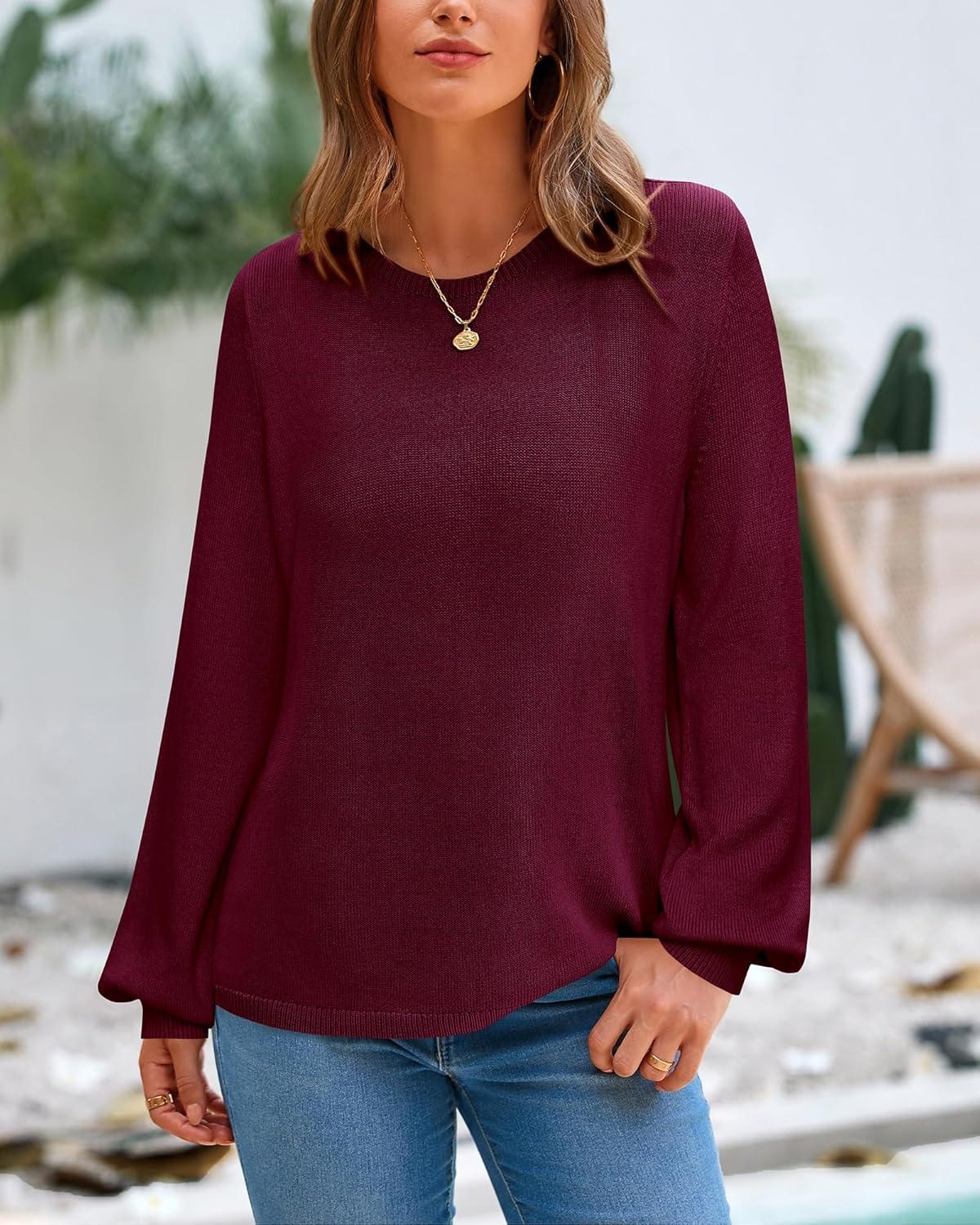 imageBTFBM Sweaters for Women 2025 Early Fall Fashion Crewneck Long Sleeve Ribbed Knit Oversized Pullover Casual Loose TopsBurgundy