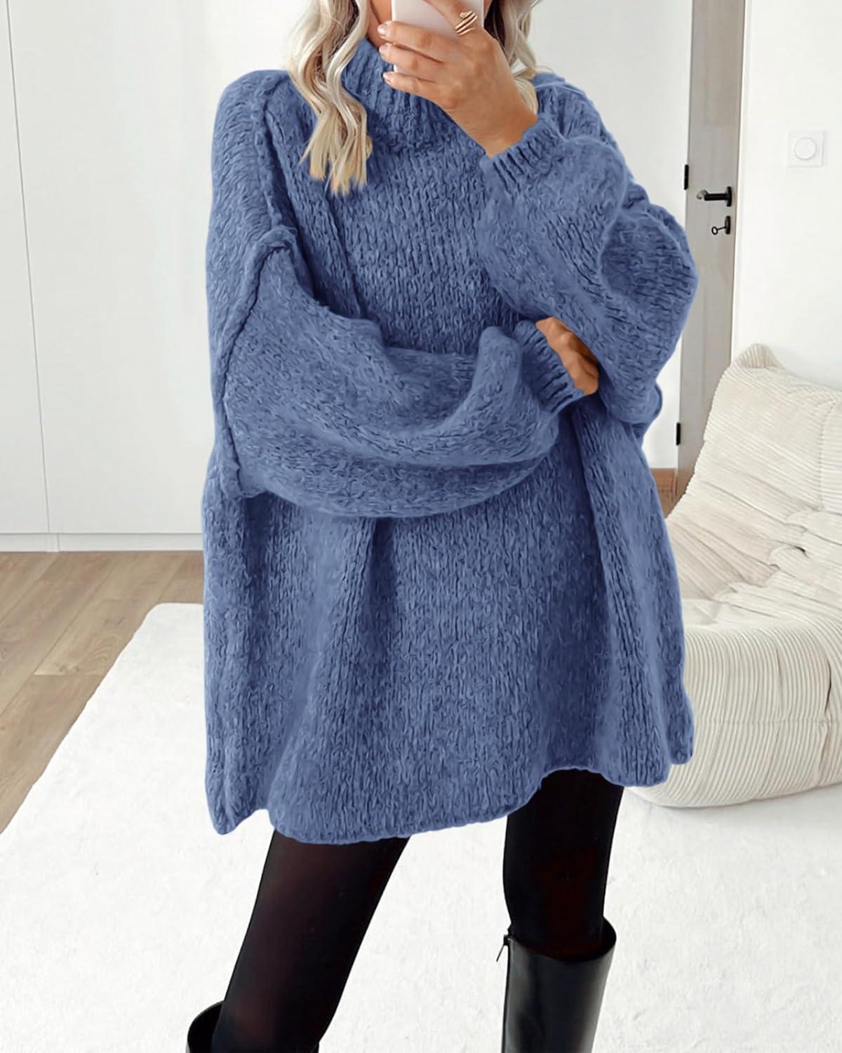 imageBTFBM Sweaters for Women Fall 2025 Long Sleeve Mock Neck Cable Knit Oversized Sweater Pullover Tops Thick Winter ClothesBlue