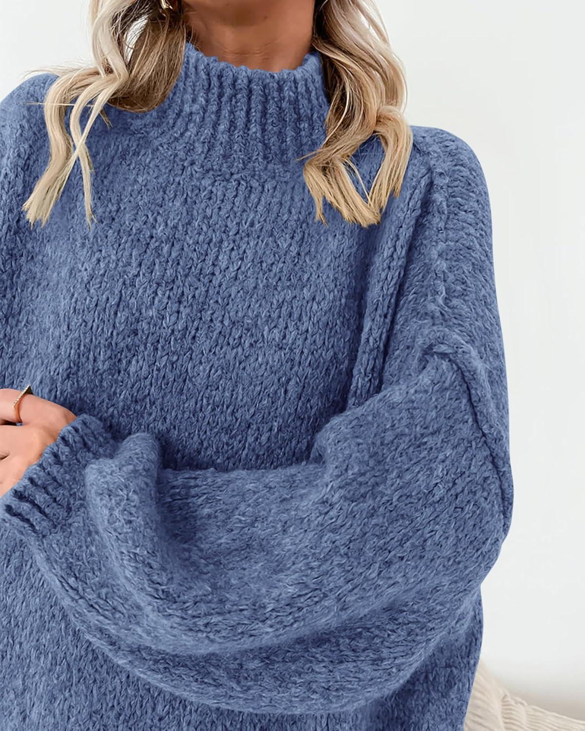 imageBTFBM Sweaters for Women Fall 2025 Long Sleeve Mock Neck Cable Knit Oversized Sweater Pullover Tops Thick Winter ClothesBlue