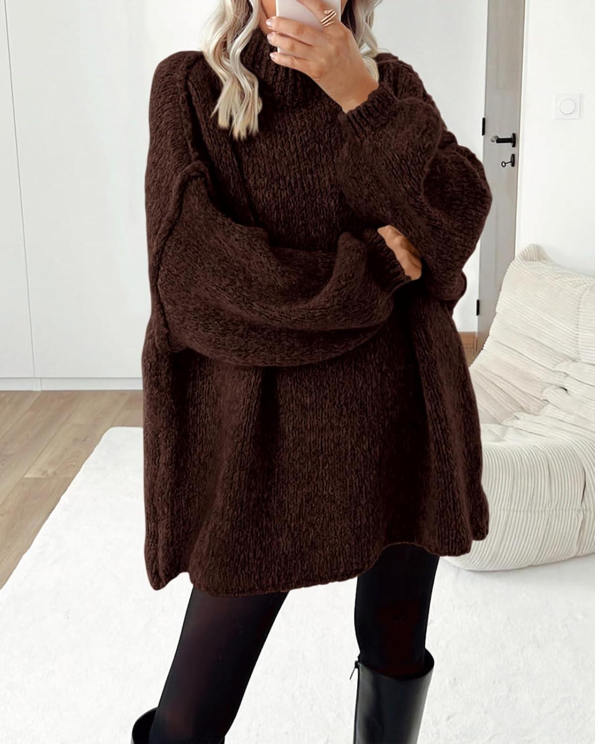 imageBTFBM Sweaters for Women Fall 2025 Long Sleeve Mock Neck Cable Knit Oversized Sweater Pullover Tops Thick Winter ClothesBrown