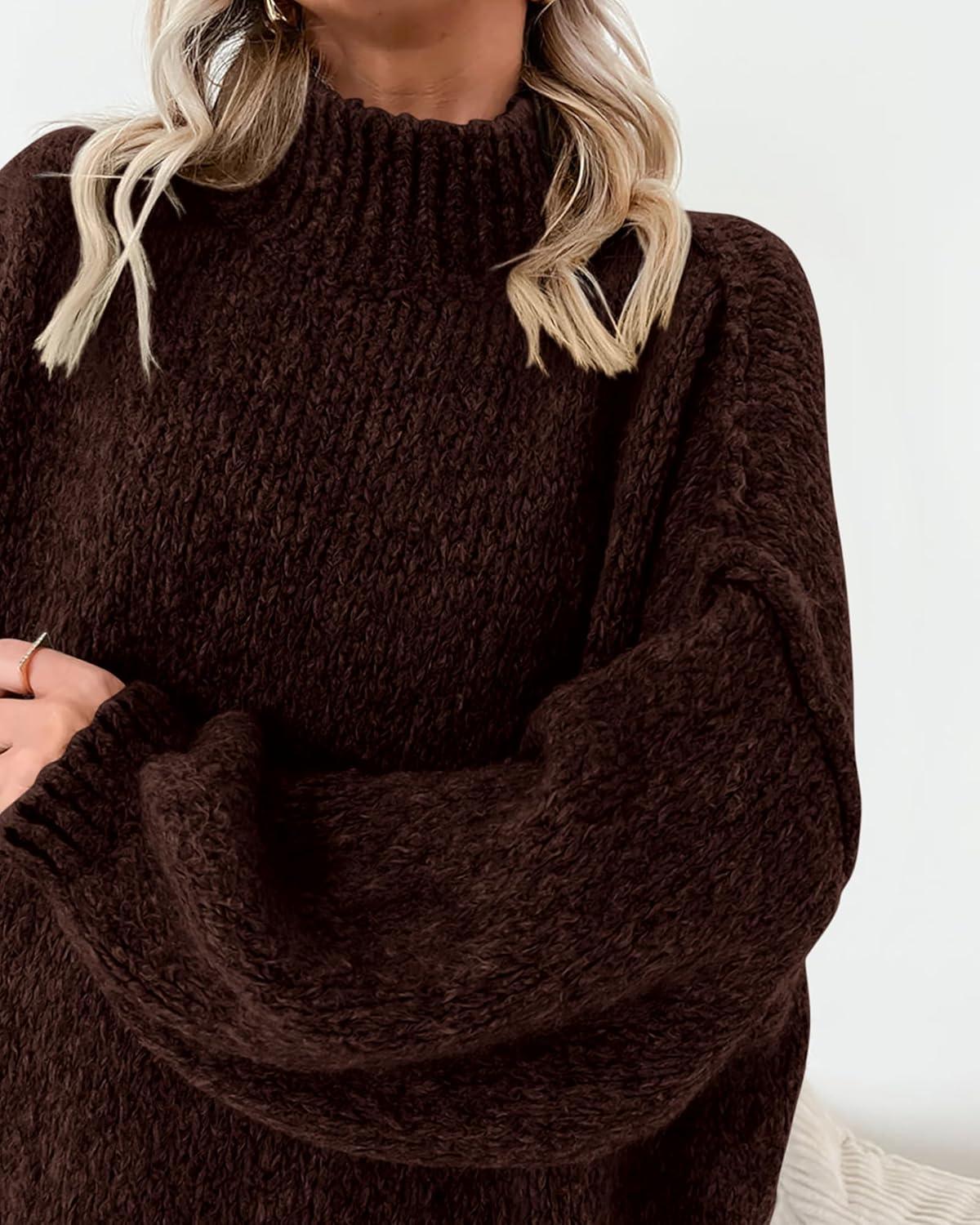 imageBTFBM Sweaters for Women Fall 2025 Long Sleeve Mock Neck Cable Knit Oversized Sweater Pullover Tops Thick Winter ClothesBrown