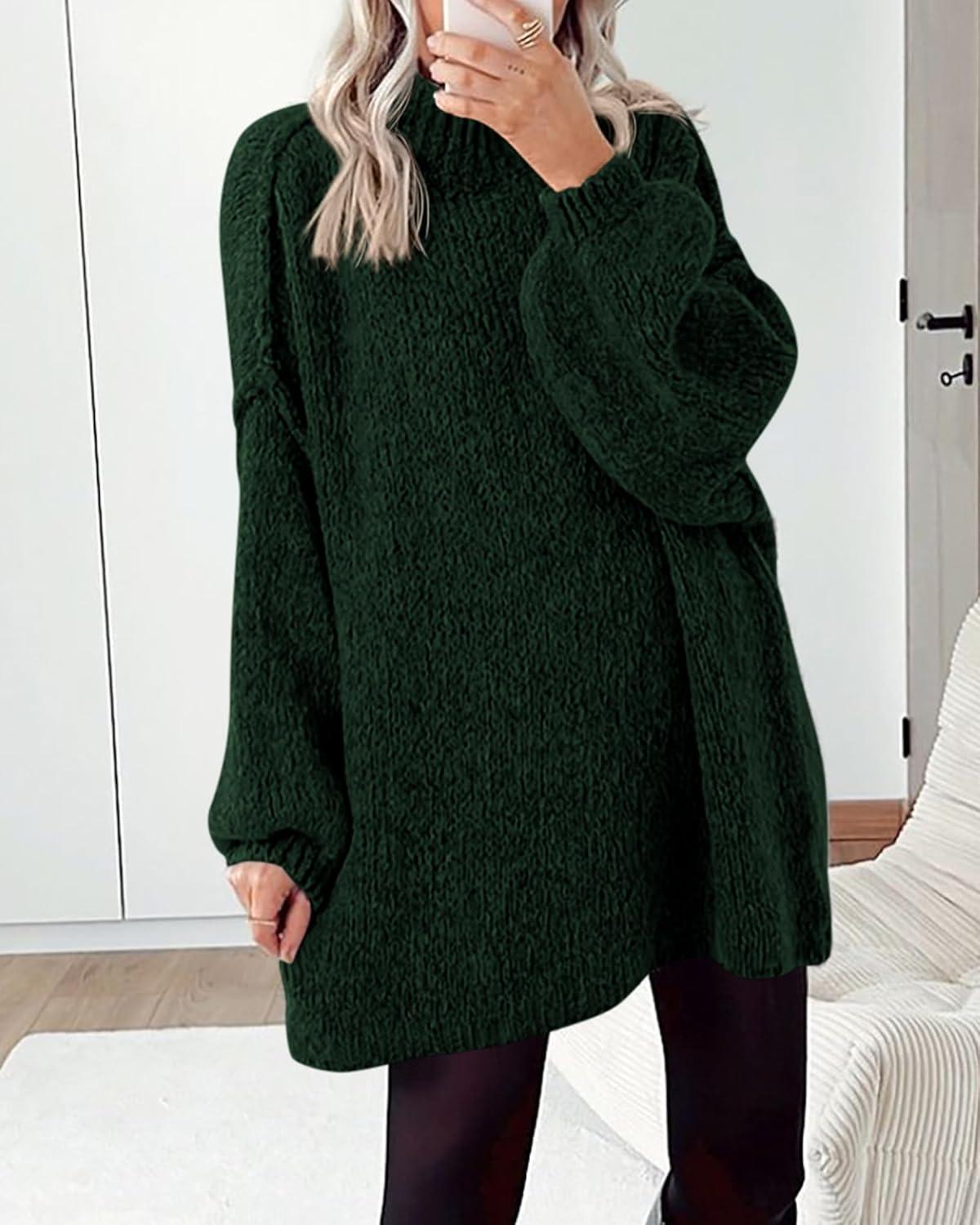 imageBTFBM Sweaters for Women Fall 2025 Long Sleeve Mock Neck Cable Knit Oversized Sweater Pullover Tops Thick Winter ClothesDark Green