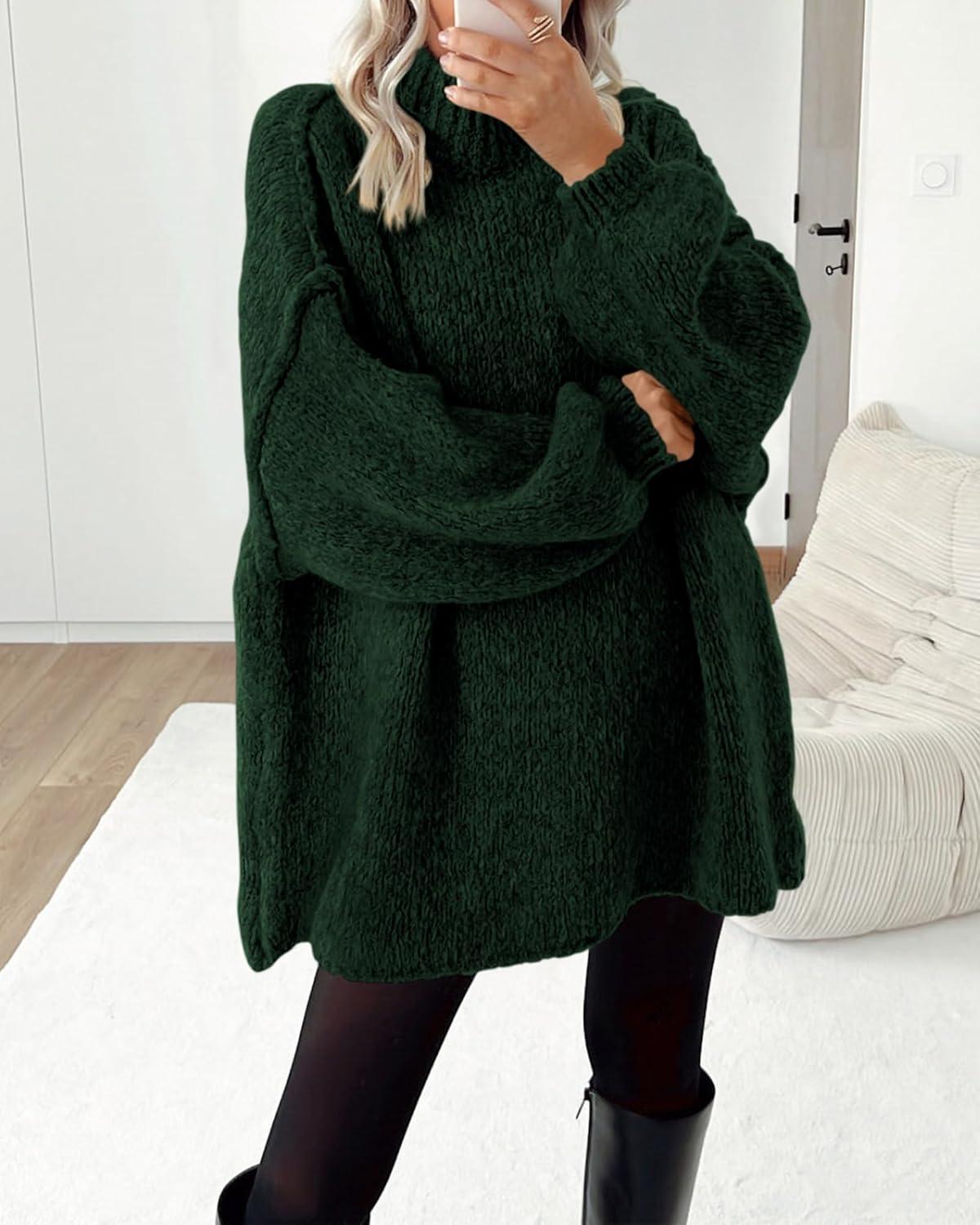imageBTFBM Sweaters for Women Fall 2025 Long Sleeve Mock Neck Cable Knit Oversized Sweater Pullover Tops Thick Winter ClothesDark Green