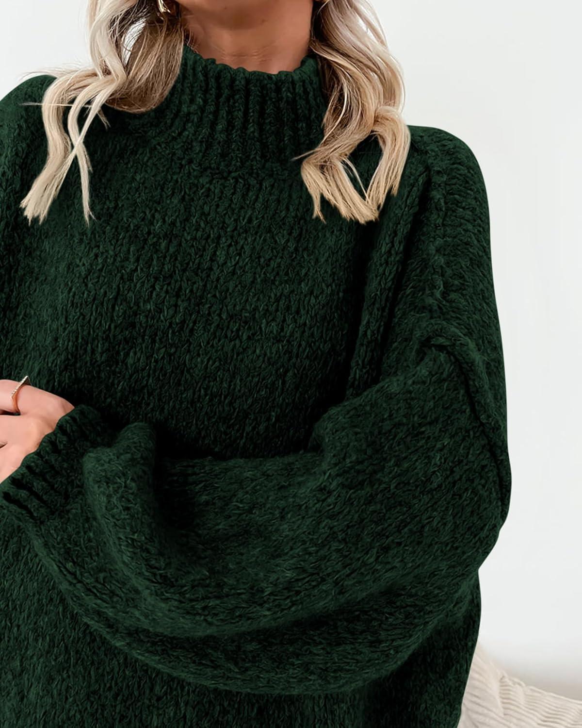 imageBTFBM Sweaters for Women Fall 2025 Long Sleeve Mock Neck Cable Knit Oversized Sweater Pullover Tops Thick Winter ClothesDark Green