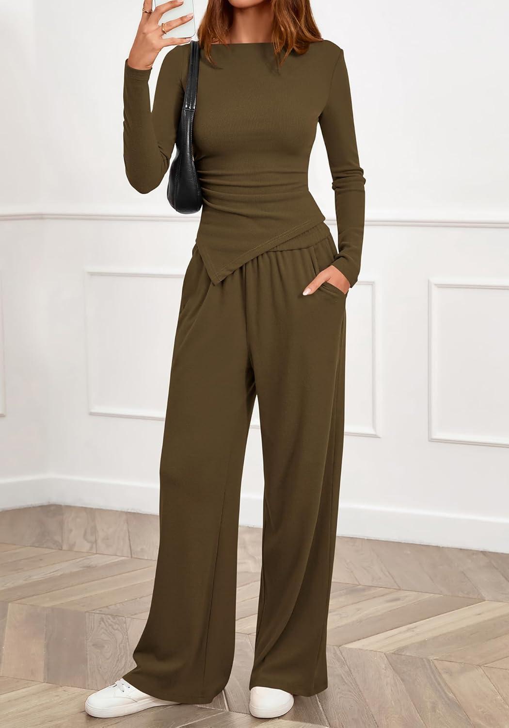 imageBTFBM Two Piece Sets For Women 2025 Asymmetrical Boat Neck Wide Leg Pants Lounge Set Airport Outfits Fall ClothesArmy Green