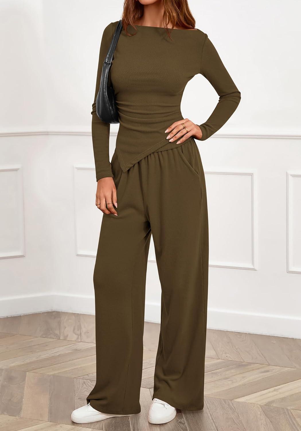 imageBTFBM Two Piece Sets For Women 2025 Asymmetrical Boat Neck Wide Leg Pants Lounge Set Airport Outfits Fall ClothesArmy Green
