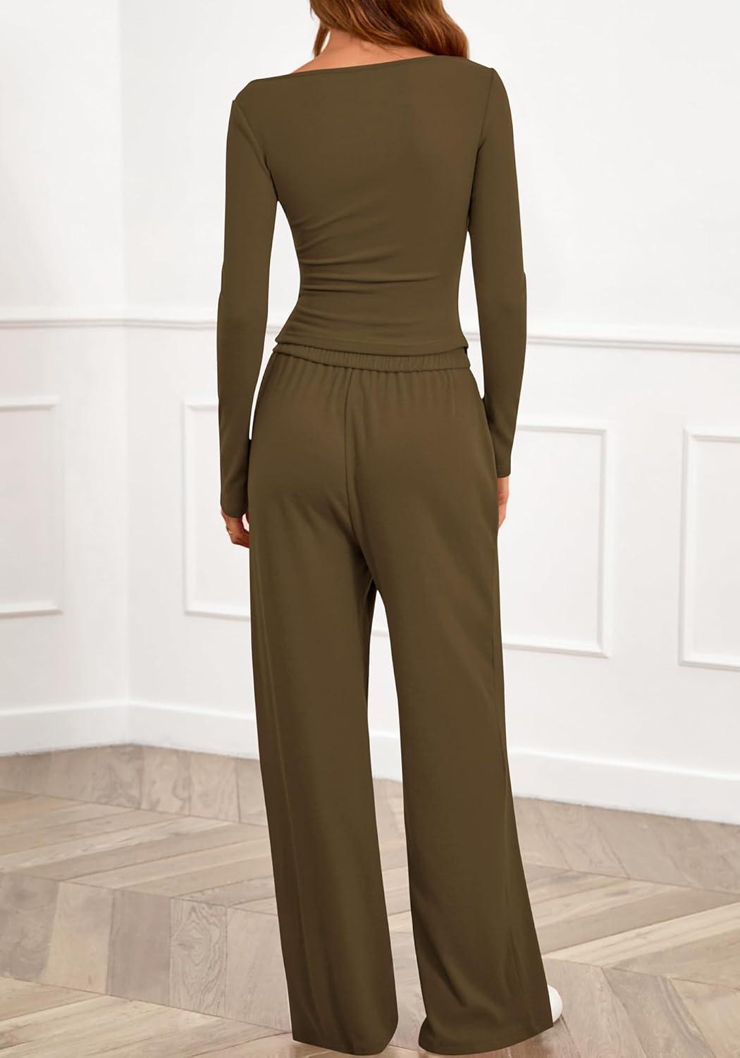 imageBTFBM Two Piece Sets For Women 2025 Asymmetrical Boat Neck Wide Leg Pants Lounge Set Airport Outfits Fall ClothesArmy Green
