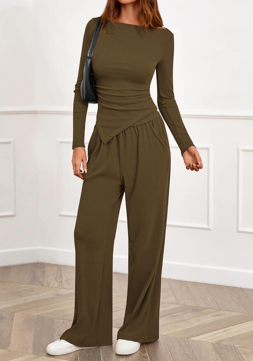 imageBTFBM Two Piece Sets For Women 2025 Asymmetrical Boat Neck Wide Leg Pants Lounge Set Airport Outfits Fall ClothesArmy Green