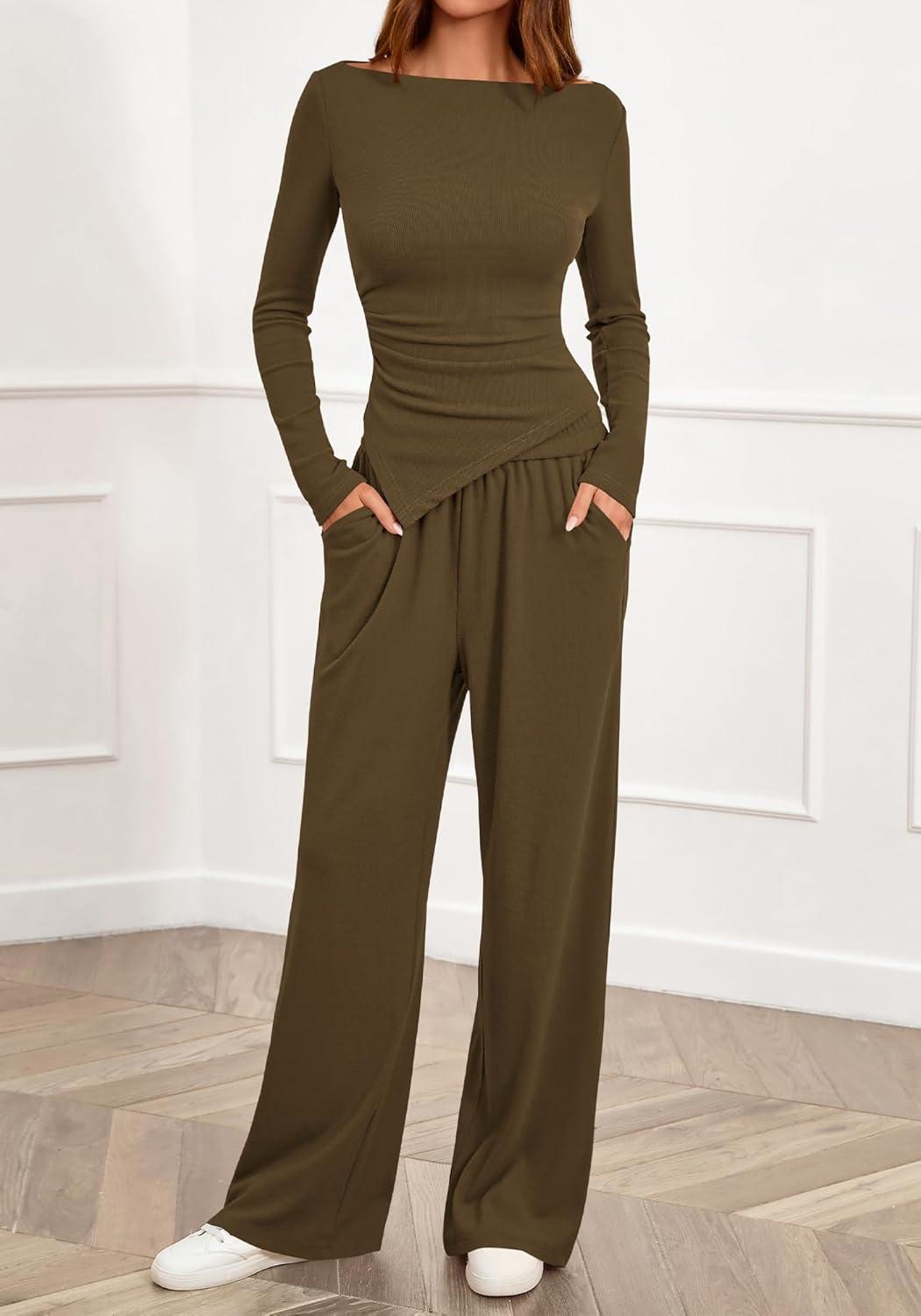 imageBTFBM Two Piece Sets For Women 2025 Asymmetrical Boat Neck Wide Leg Pants Lounge Set Airport Outfits Fall ClothesArmy Green