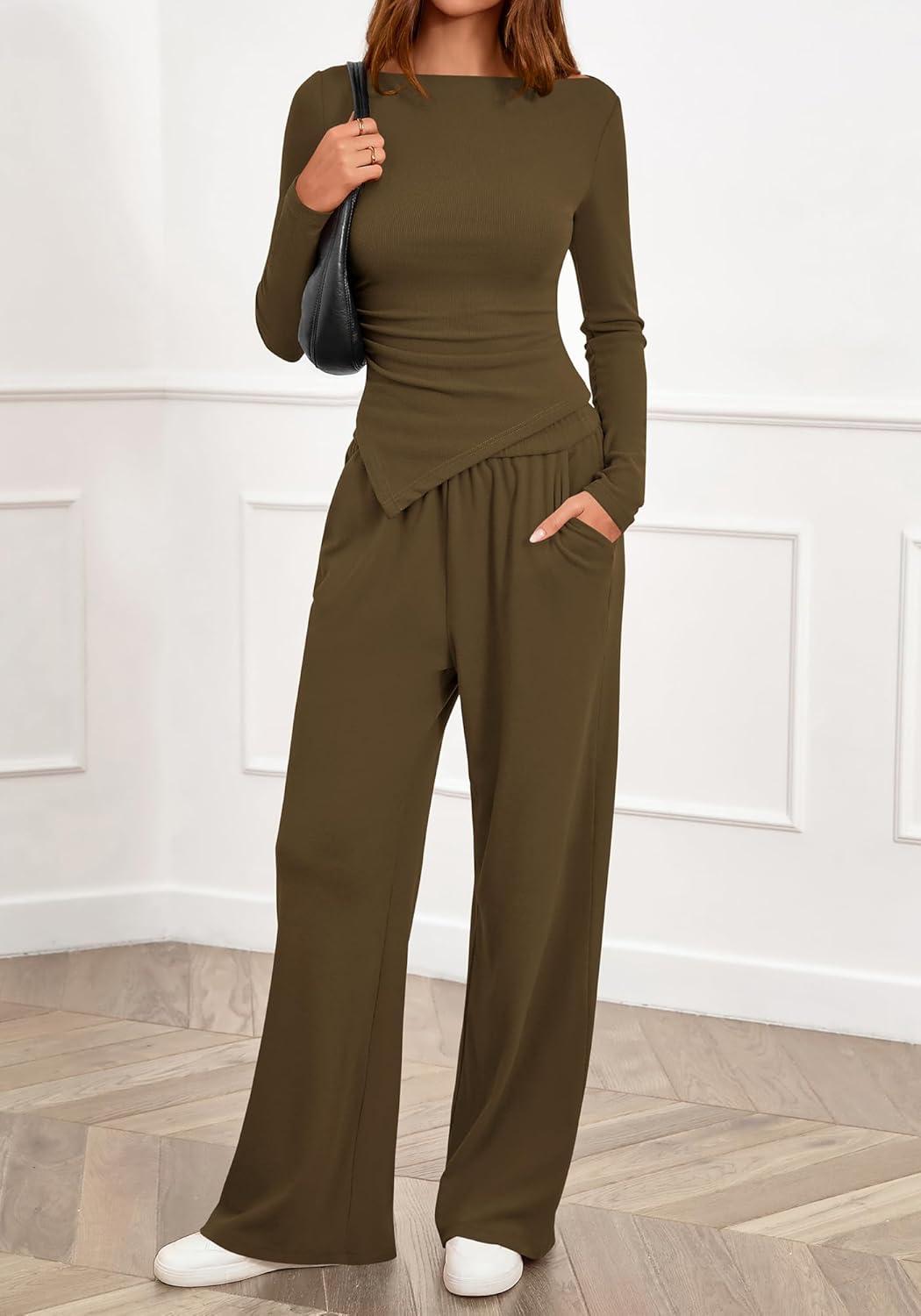 imageBTFBM Two Piece Sets For Women 2025 Asymmetrical Boat Neck Wide Leg Pants Lounge Set Airport Outfits Fall ClothesArmy Green