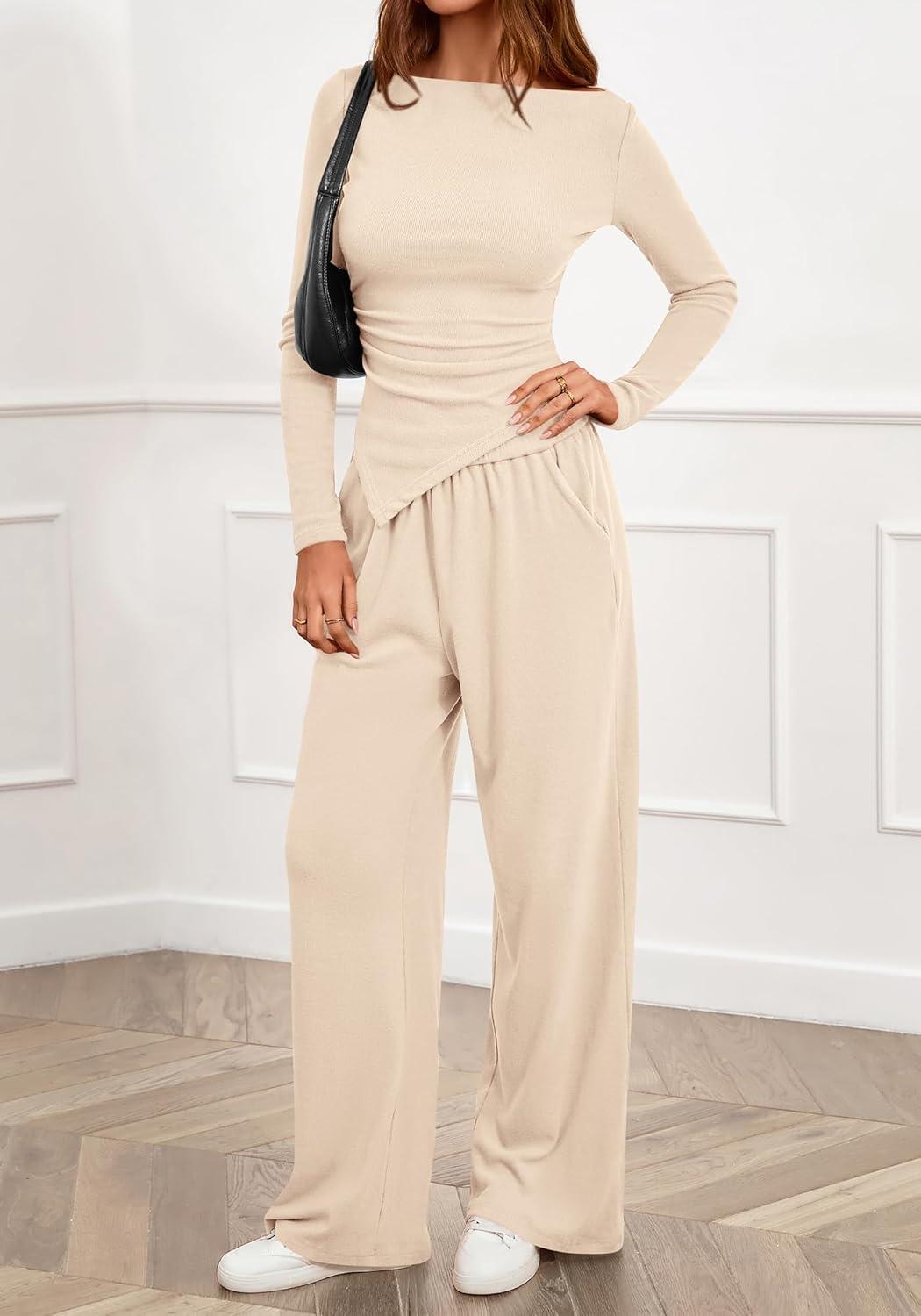 imageBTFBM Two Piece Sets For Women 2025 Asymmetrical Boat Neck Wide Leg Pants Lounge Set Airport Outfits Fall ClothesBeige