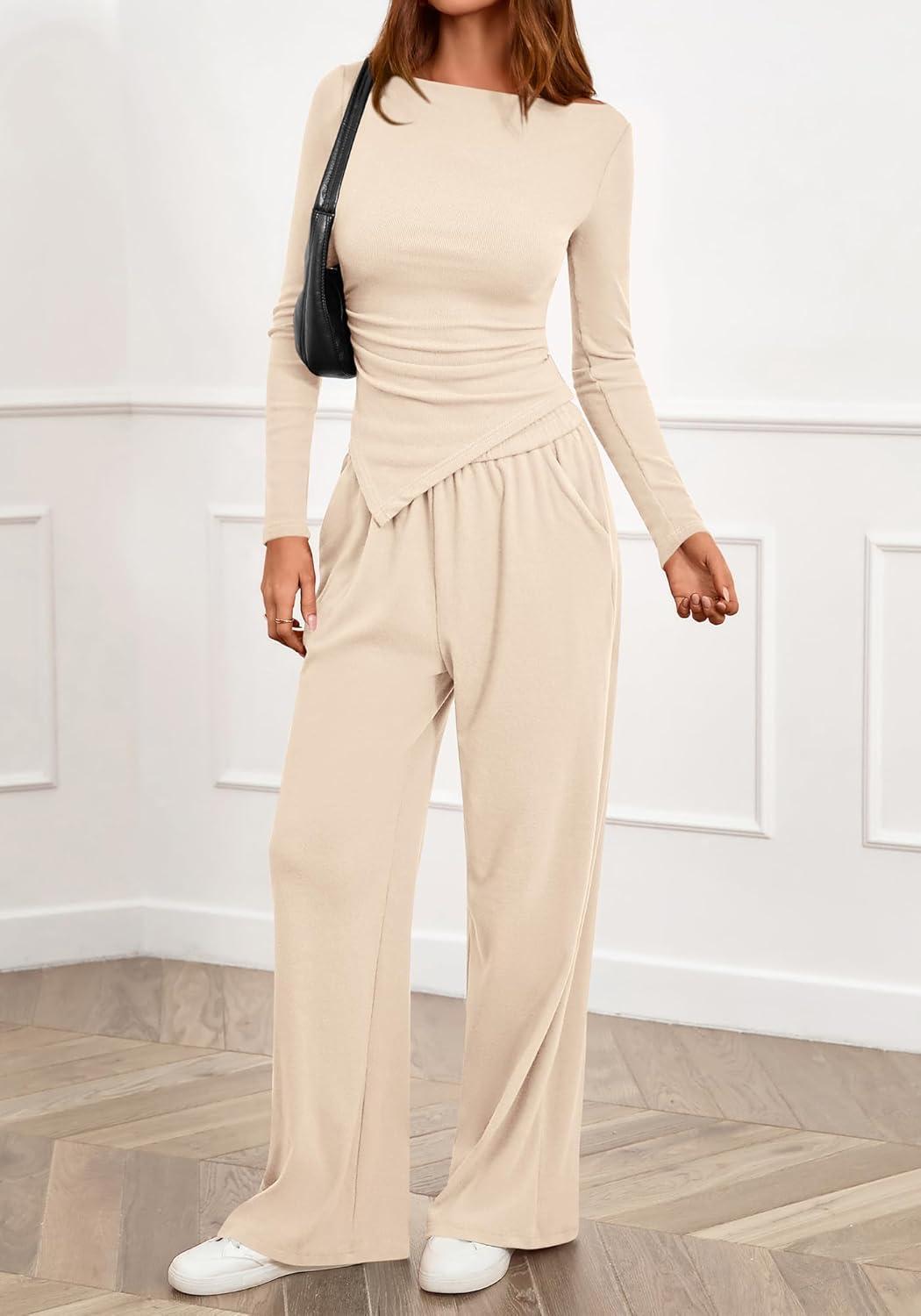 imageBTFBM Two Piece Sets For Women 2025 Asymmetrical Boat Neck Wide Leg Pants Lounge Set Airport Outfits Fall ClothesBeige