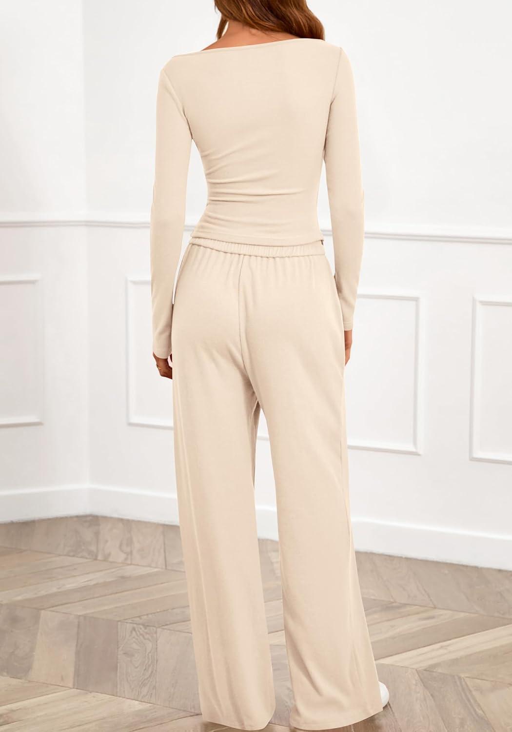imageBTFBM Two Piece Sets For Women 2025 Asymmetrical Boat Neck Wide Leg Pants Lounge Set Airport Outfits Fall ClothesBeige