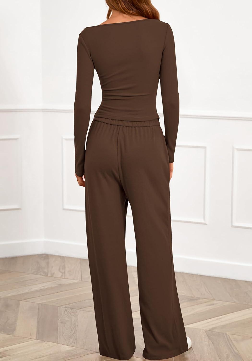 imageBTFBM Two Piece Sets For Women 2025 Asymmetrical Boat Neck Wide Leg Pants Lounge Set Airport Outfits Fall ClothesBrown