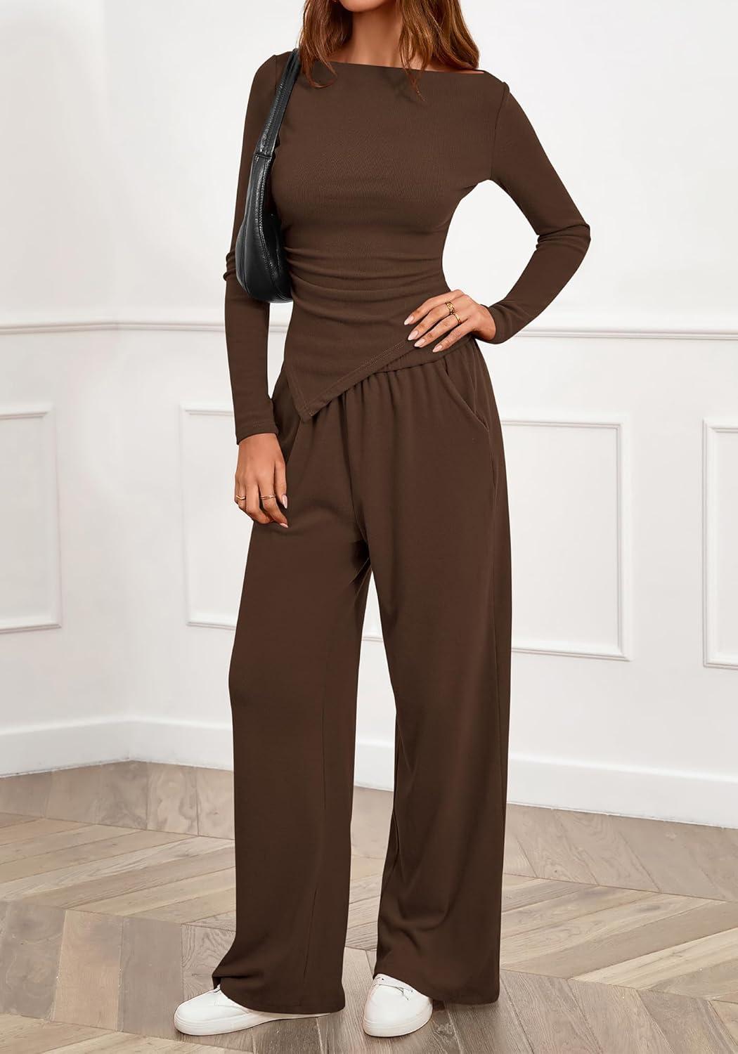imageBTFBM Two Piece Sets For Women 2025 Asymmetrical Boat Neck Wide Leg Pants Lounge Set Airport Outfits Fall ClothesBrown