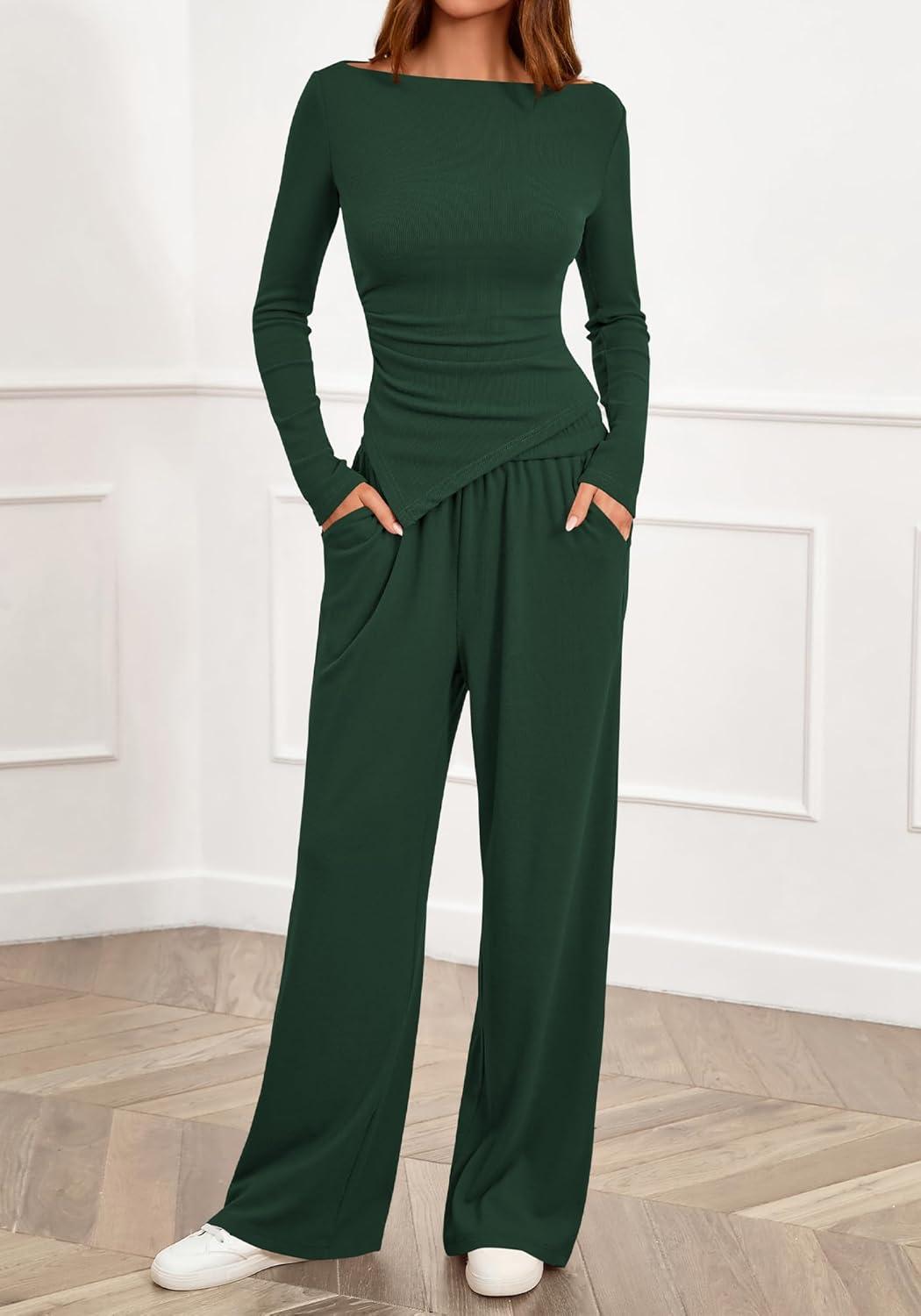 imageBTFBM Two Piece Sets For Women 2025 Asymmetrical Boat Neck Wide Leg Pants Lounge Set Airport Outfits Fall ClothesDark Green