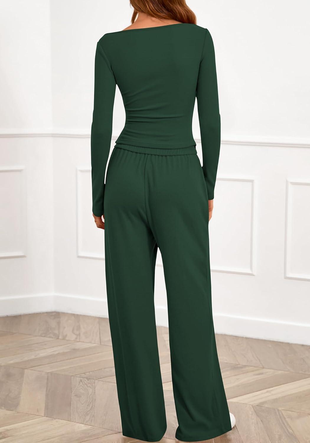 imageBTFBM Two Piece Sets For Women 2025 Asymmetrical Boat Neck Wide Leg Pants Lounge Set Airport Outfits Fall ClothesDark Green