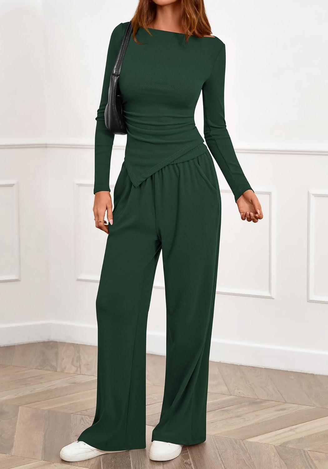 imageBTFBM Two Piece Sets For Women 2025 Asymmetrical Boat Neck Wide Leg Pants Lounge Set Airport Outfits Fall ClothesDark Green