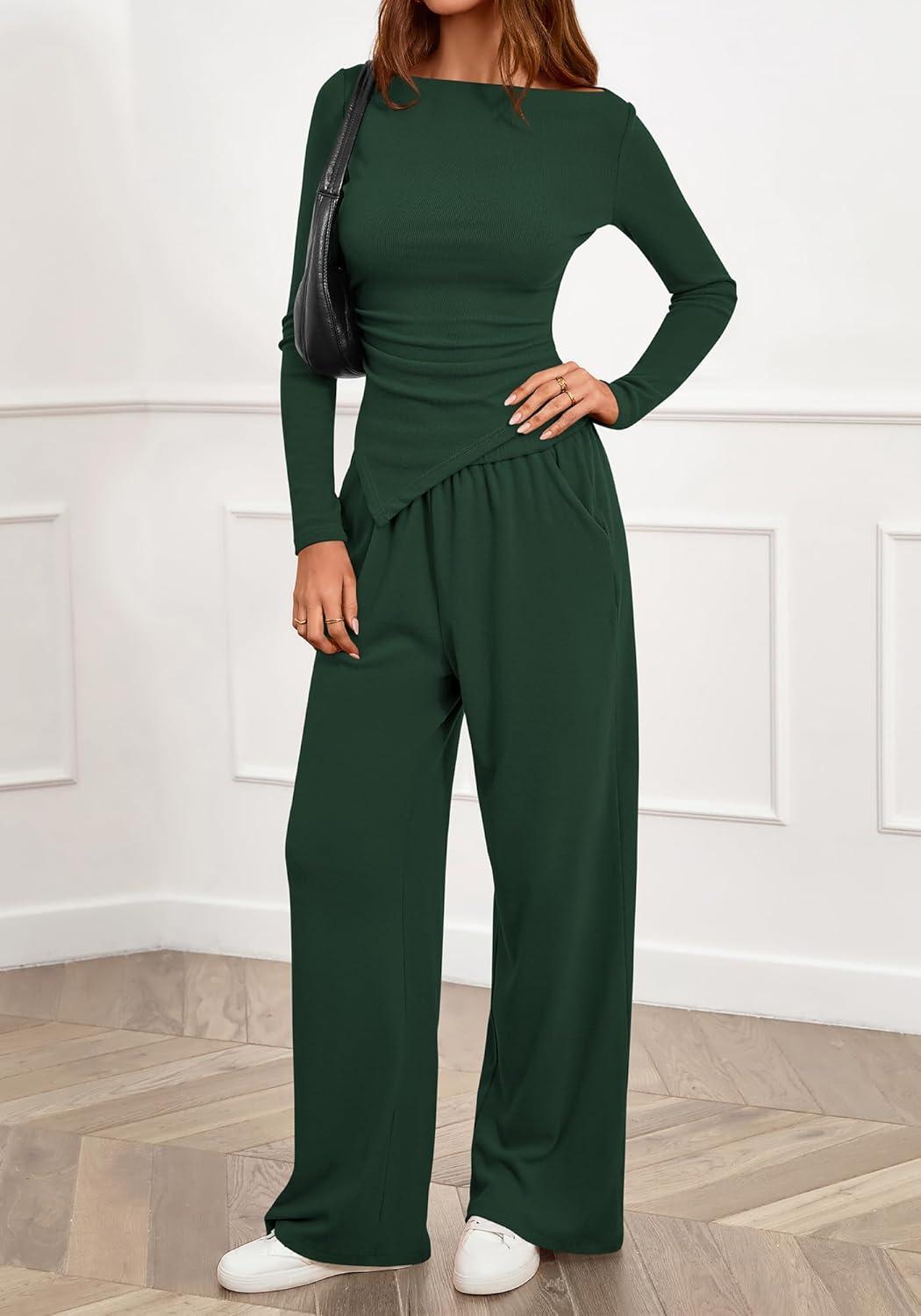 imageBTFBM Two Piece Sets For Women 2025 Asymmetrical Boat Neck Wide Leg Pants Lounge Set Airport Outfits Fall ClothesDark Green