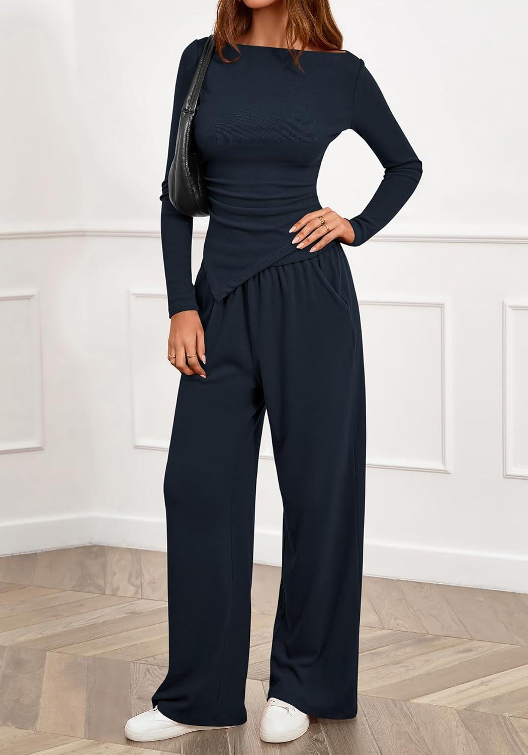 imageBTFBM Two Piece Sets For Women 2025 Asymmetrical Boat Neck Wide Leg Pants Lounge Set Airport Outfits Fall ClothesDark Sea Blue