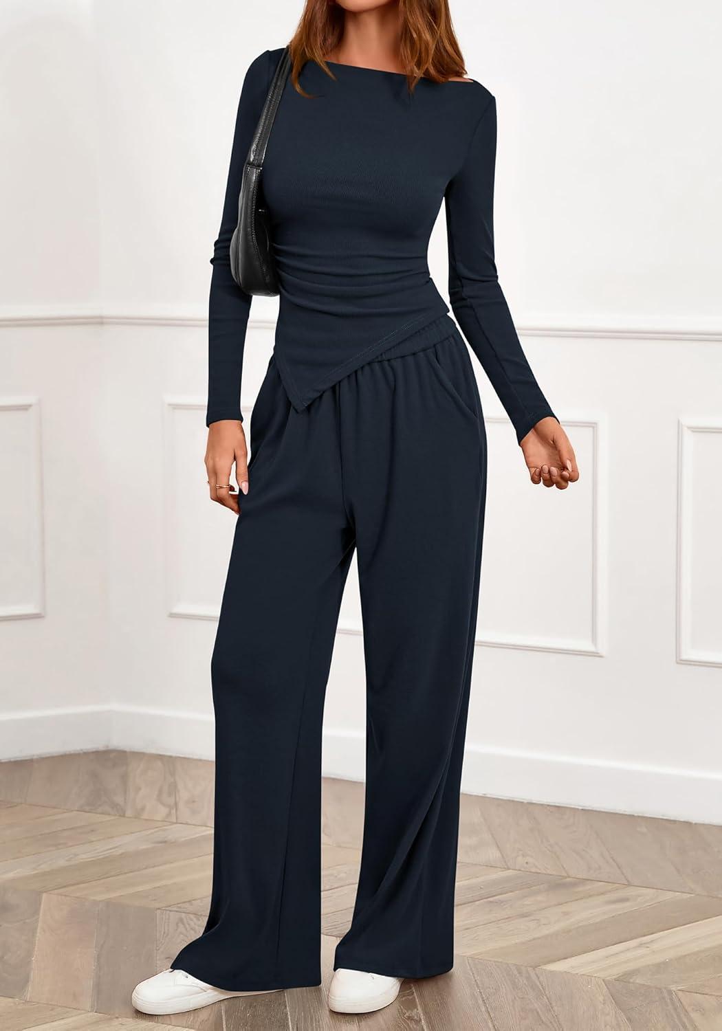 imageBTFBM Two Piece Sets For Women 2025 Asymmetrical Boat Neck Wide Leg Pants Lounge Set Airport Outfits Fall ClothesDark Sea Blue